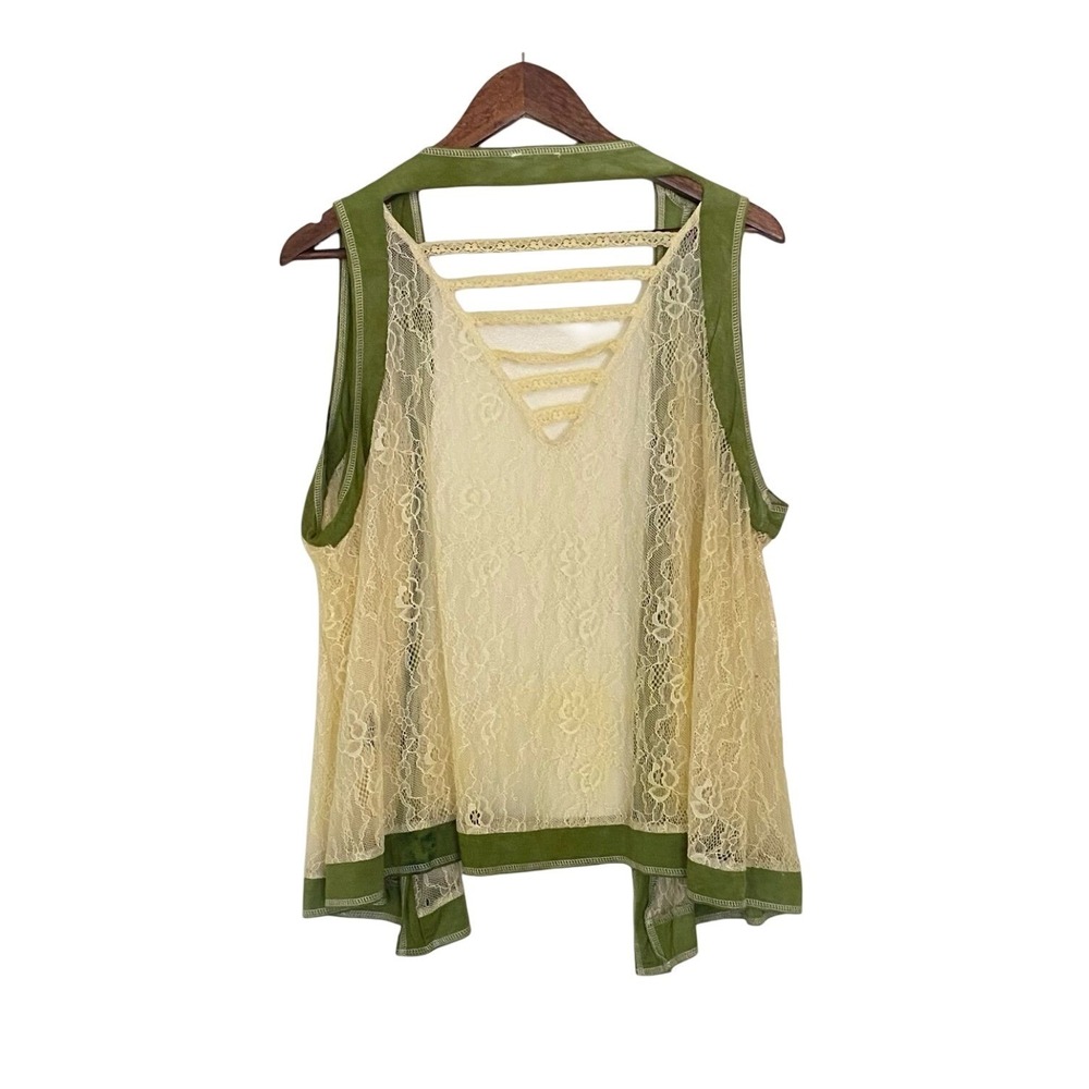 Pol M Olive Green Ivory Lace Open Front Vest Boho Sleeveless Layering Cardigan - Picture 2 of 8